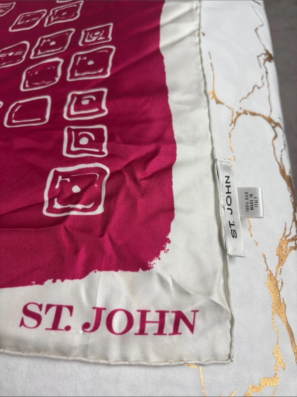 St. John Deep Magenta Silk Scarf with White Geometric Squares